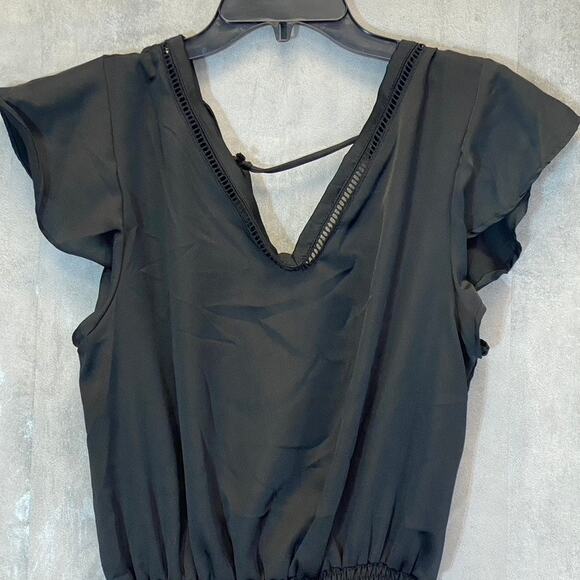 LUNA CHIX Women's Solid Black Flutter Sleeve Double V-Neck Smocked Waist Mini - Picture 4 of 9